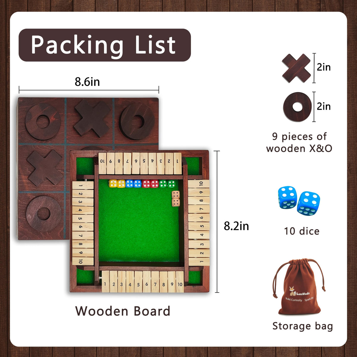 LumWuds dice box included for versatile, travel-ready wooden games.
