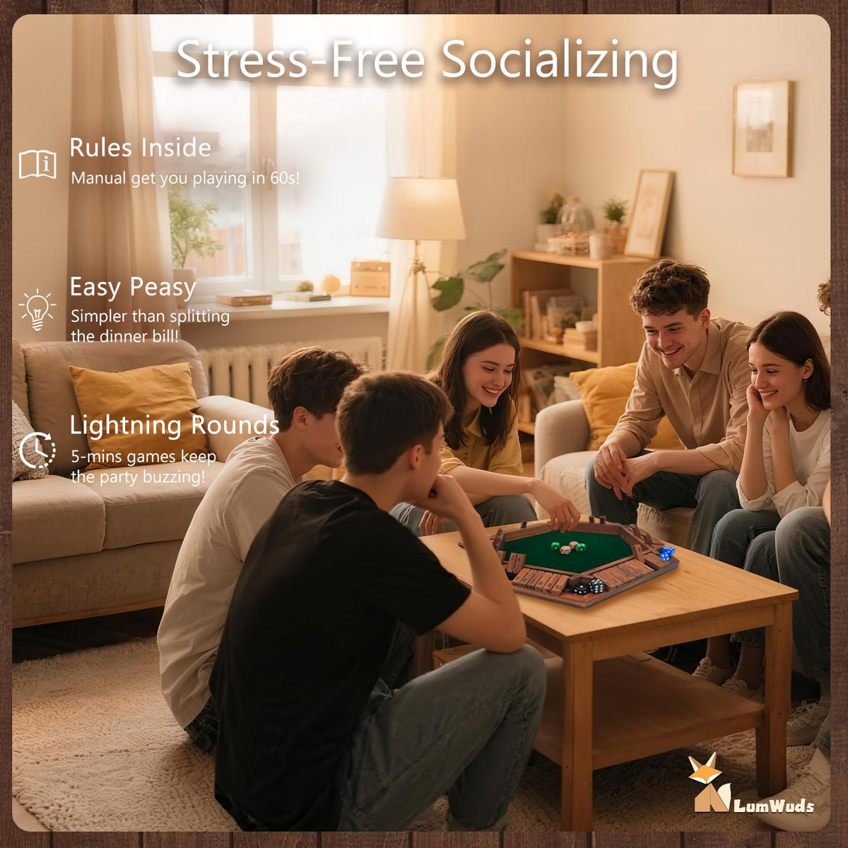 LumWuds Shut The Box at a party table sparking conversation and friendly competition.
