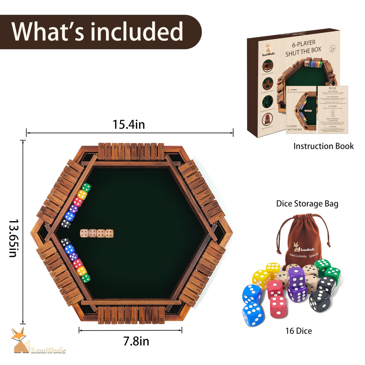 Close-up of LumWuds Shut The Box dice on a durable, felt-covered surface.