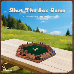 LumWuds Shut The Box shows a six-player setup ideal for group game nights.