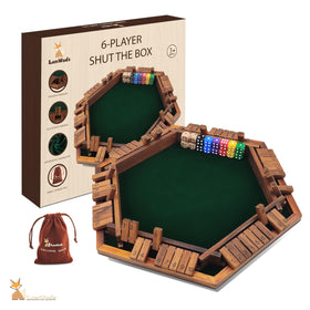 LumWuds Shut The Box in motion with wooden box and dice for lively family play.