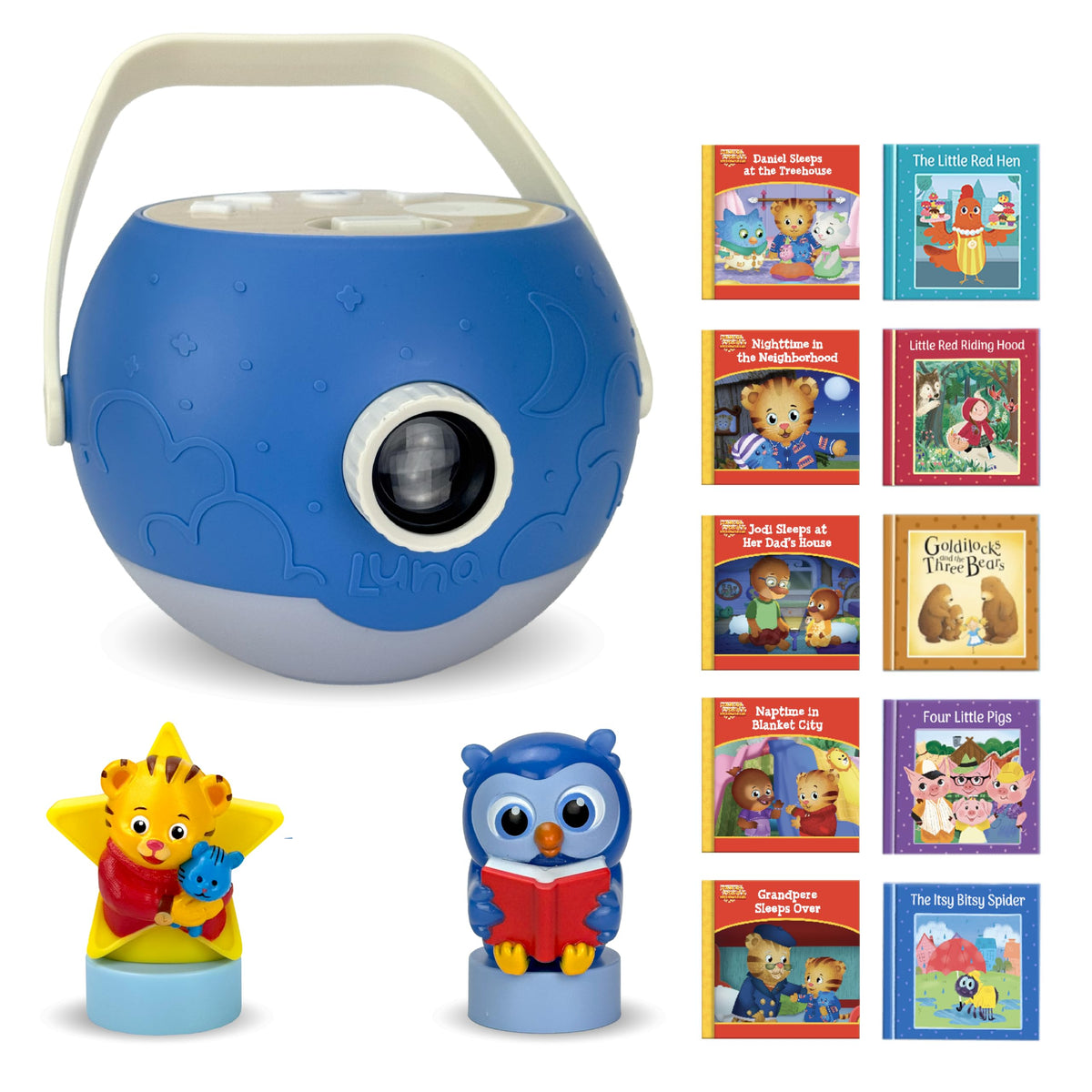Luna StoryTime projector shows Daniel Tiger scenes for screen-free storytelling.