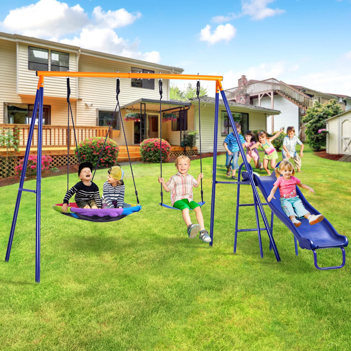 Lunafun 32-inch saucer swing for safe backyard play and imaginative fun.