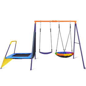 Lunafun swing set in backyard assembly scene for easy setup and family fun