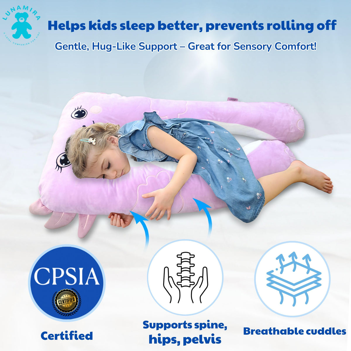 LUNAMIRA Axolotl pillow features breathable cover for sensitive skin comfort.