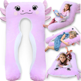 LUNAMIRA Axolotl kids body pillow 47-inch U-shape for cuddling and sleep support.