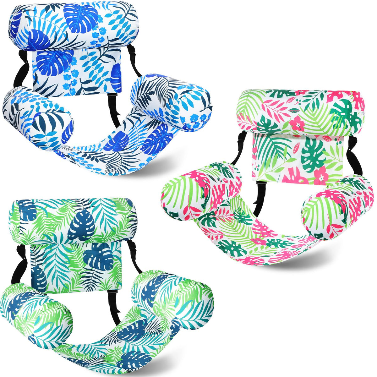 Lunmon pool float chair setup with tropical leaves for easy sunlit lounging.