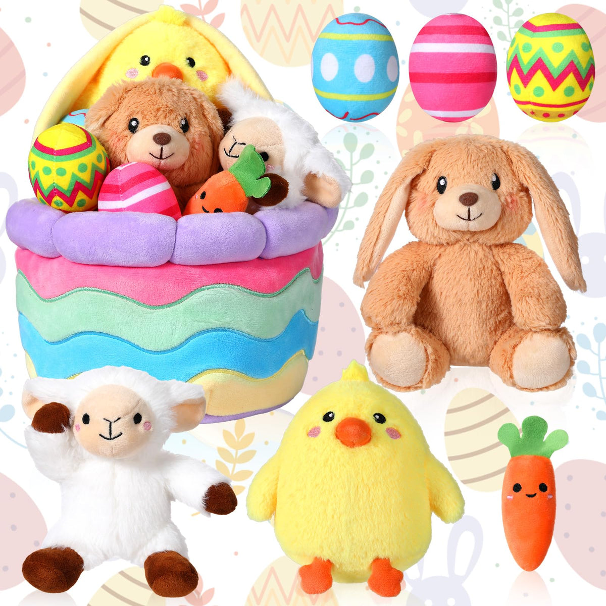 Lunmon Easter basket set with plush items for festive decor and kid-friendly play.