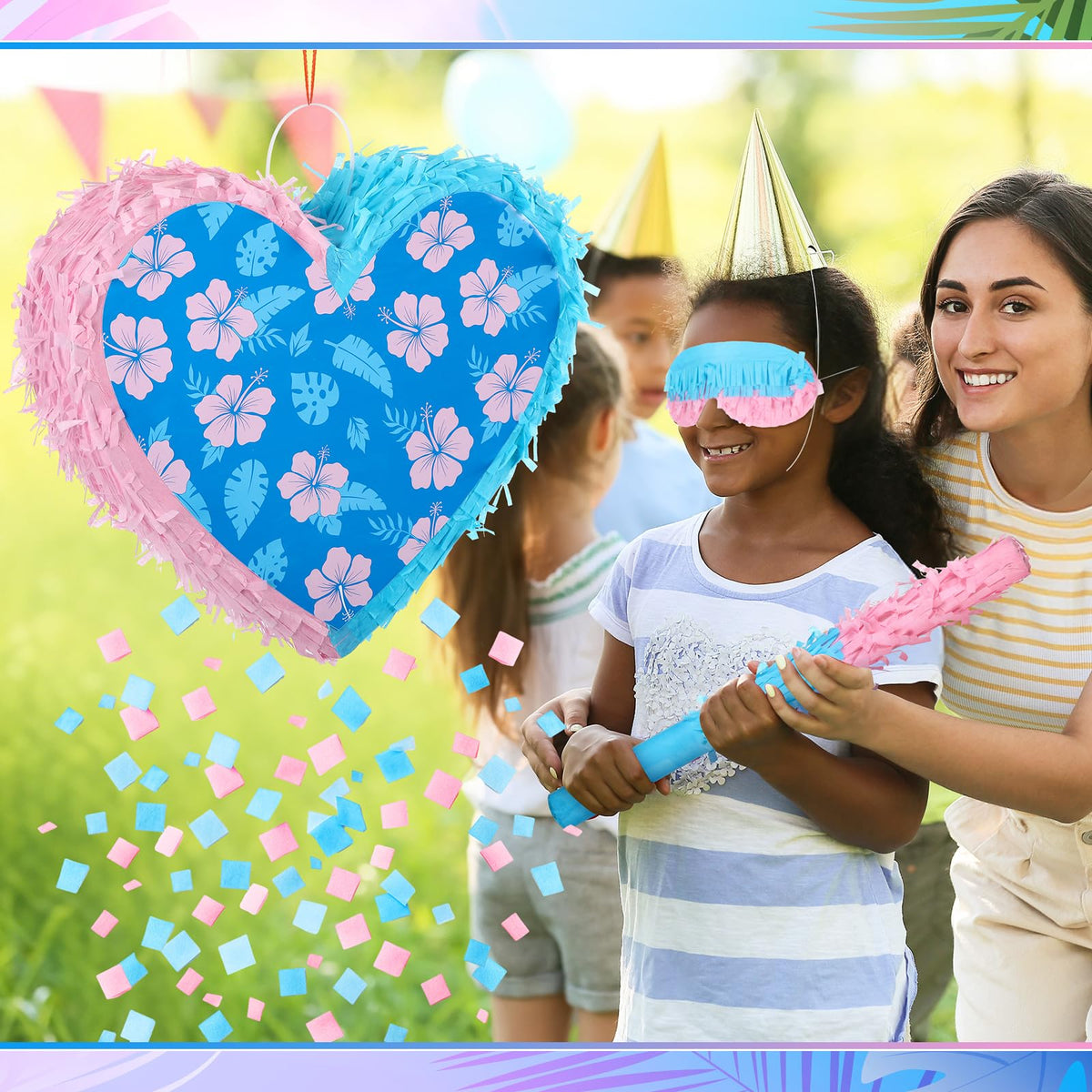 Lunmon Hawaiian heart pinata set bright blue and pink colors suit tropical luau.