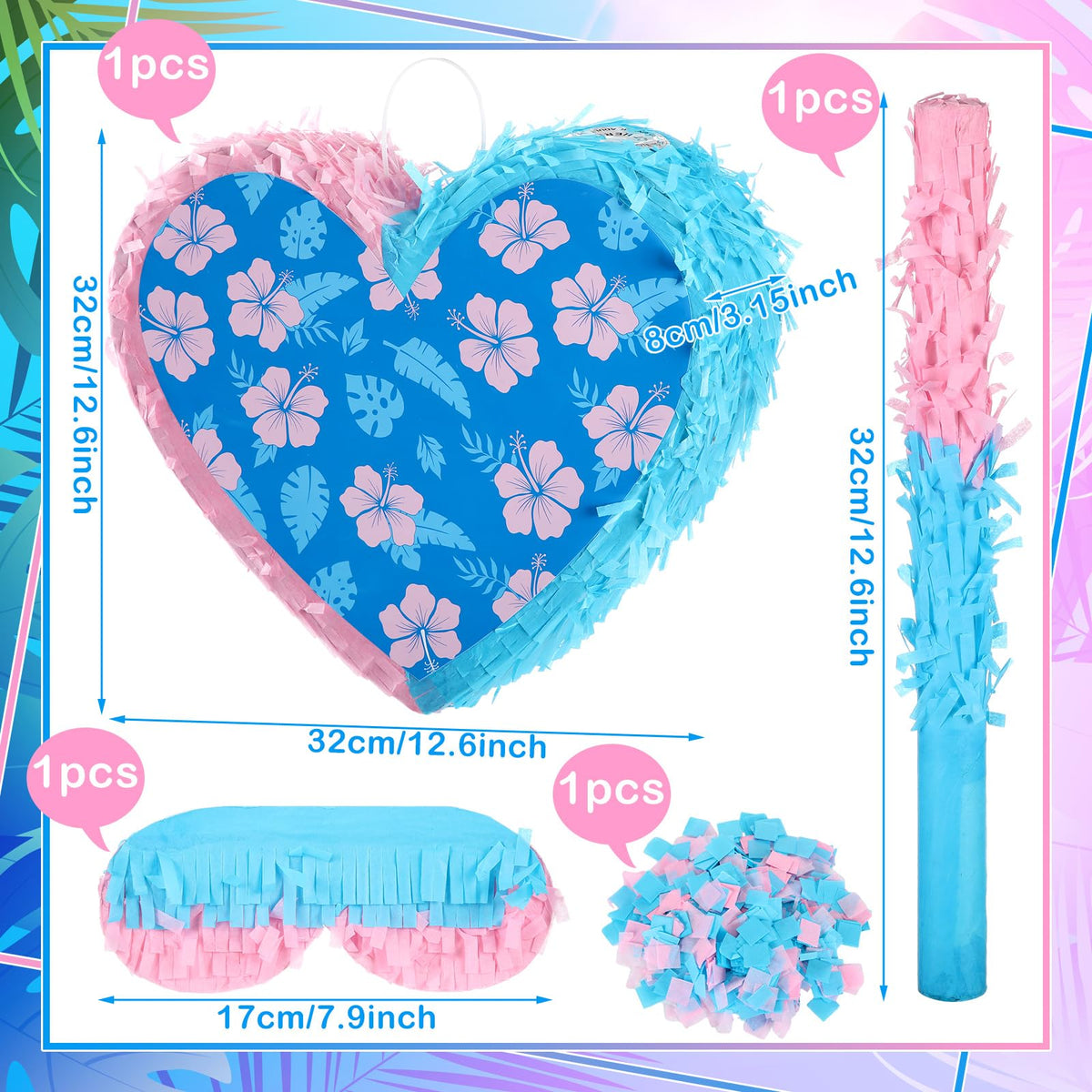 Lunmon Hawaiian heart pinata set fill space 32x8 cm for ample contents.