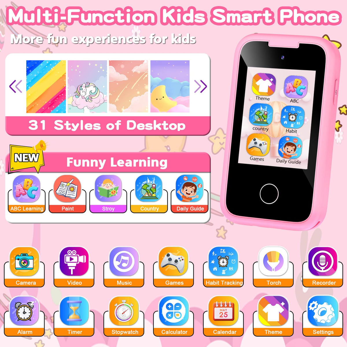 Luoba kids phone back view pink highlighting a durable shell for daily wear