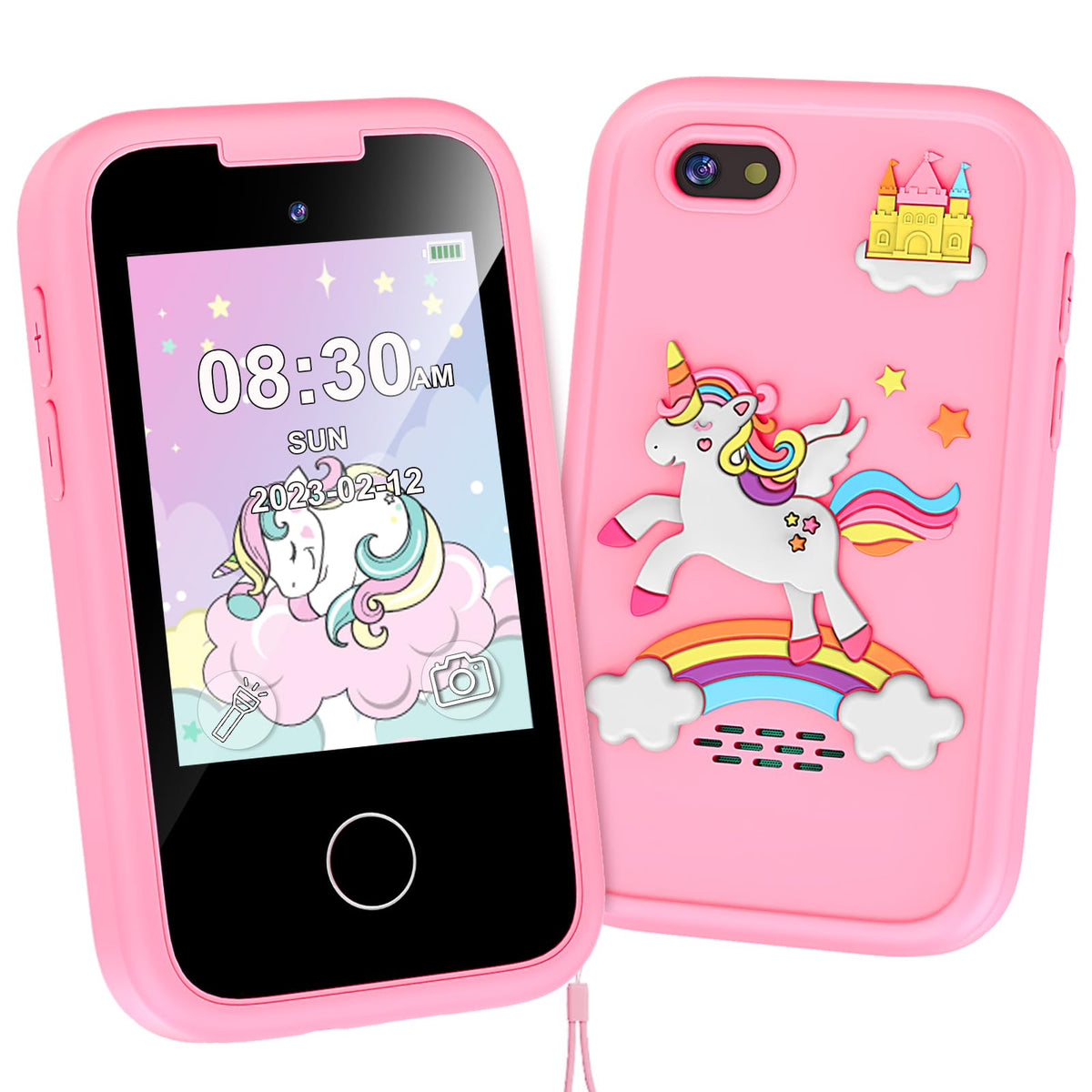 Luoba kids phone front view pink with an easy to grip design for small hands