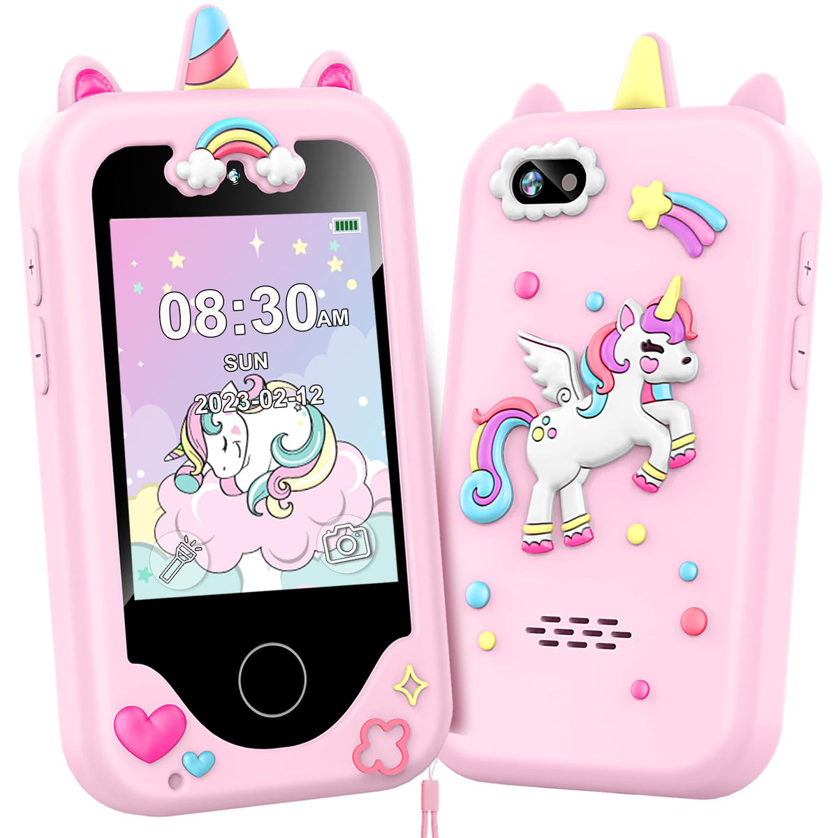 Luoba kids phone front view pink, easy grip for small hands.