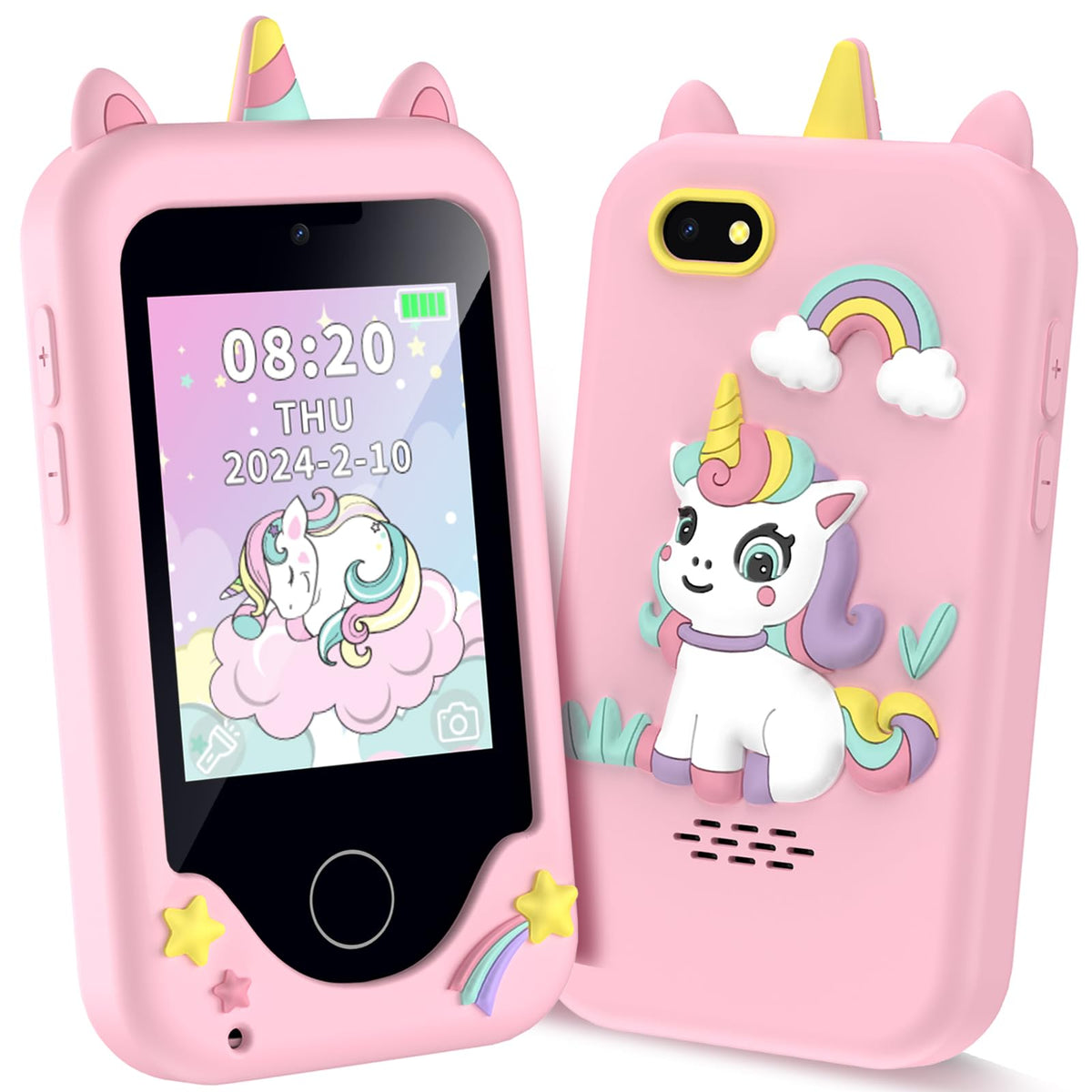 Luoba kids phone front view highlights kid-friendly touchscreen for learning and play.