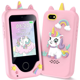 Luoba kids phone front view highlights kid-friendly touchscreen for learning and play.