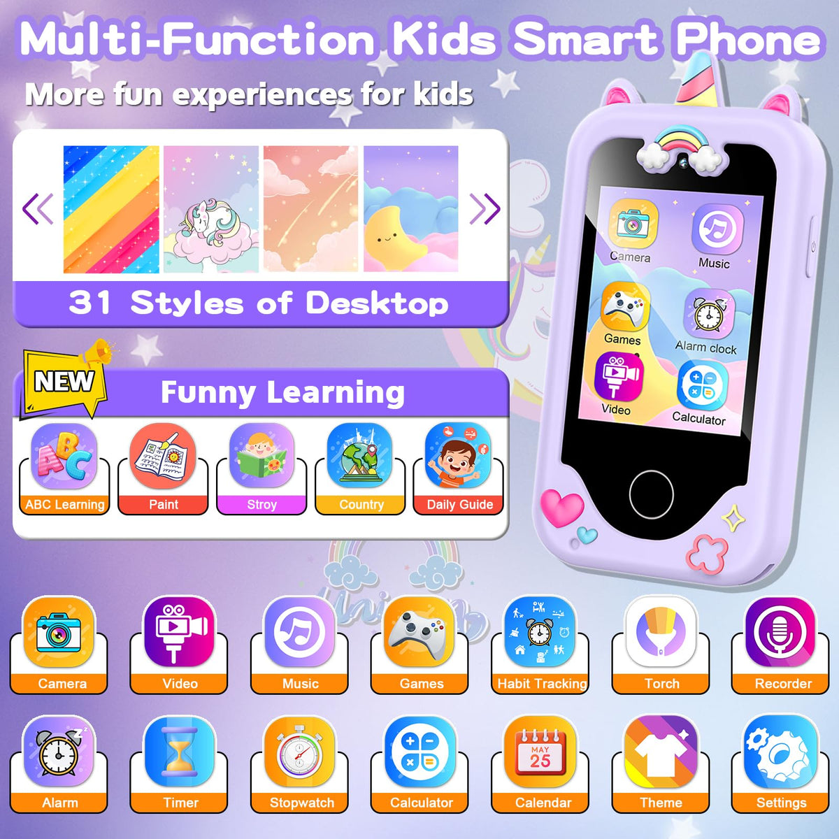Luoba Kids Smart Phone purple displays ABC learning interface for early literacy