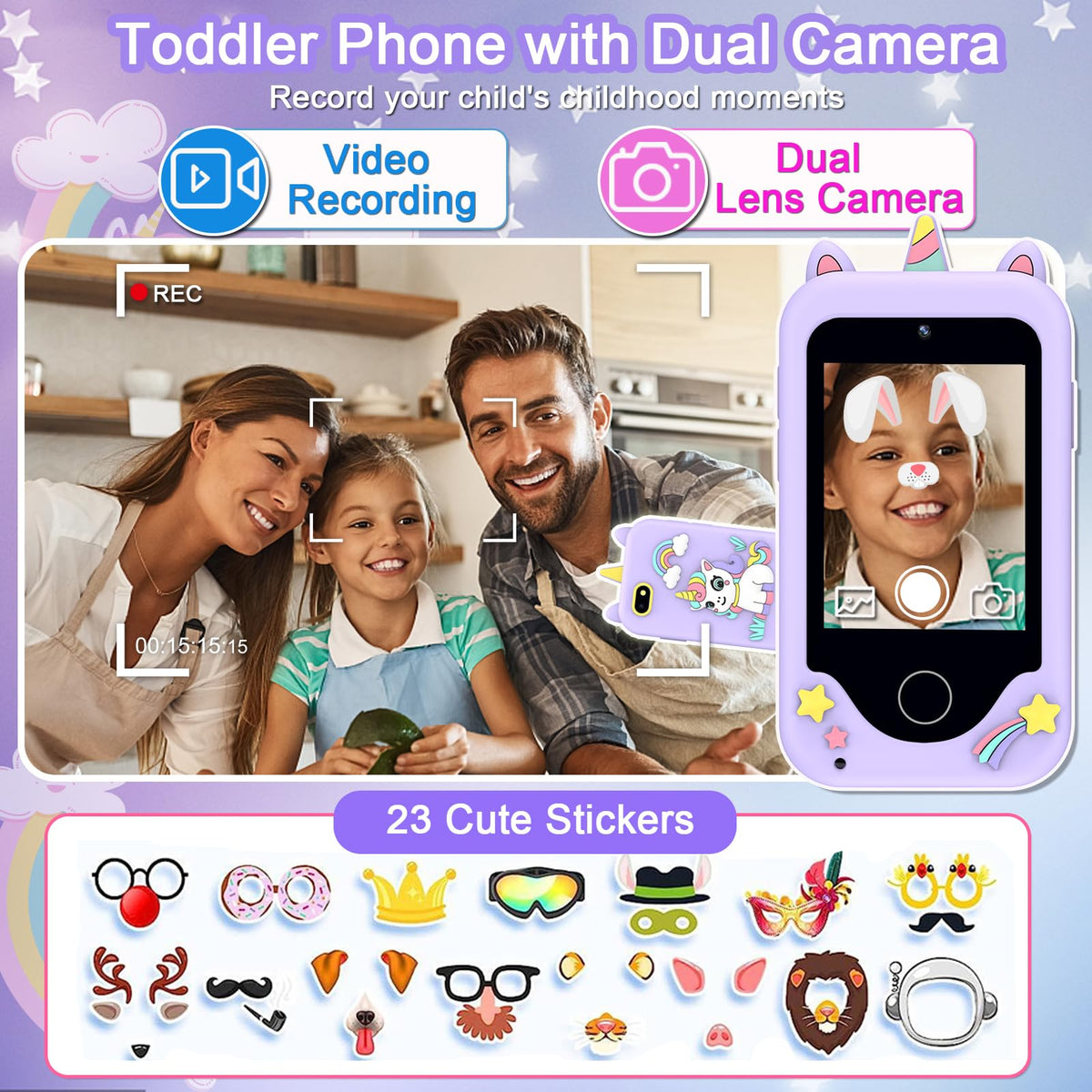Luoba Kids Smart Phone dual camera; encourages selfies and family moments.