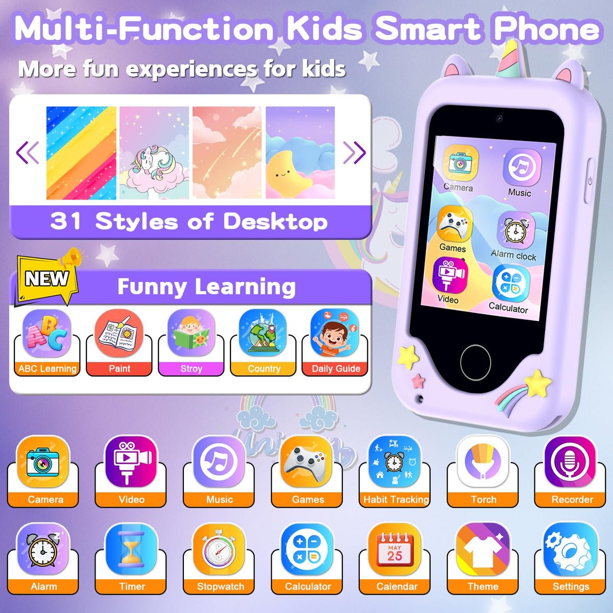 Luoba Kids Smart Phone screen menu; intuitive access to games and learning.