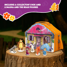 LUPPA Masha and the Bear tin lunchbox safely stores the velvet figurines for travel.