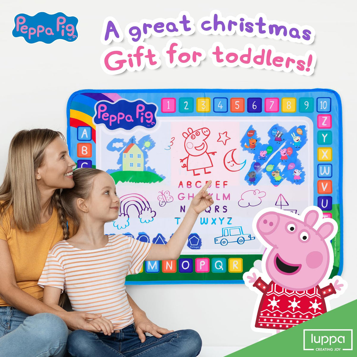 LUPPA Peppa Water Doodle Mat wipes clean and reuses easily for mess-free sessions.