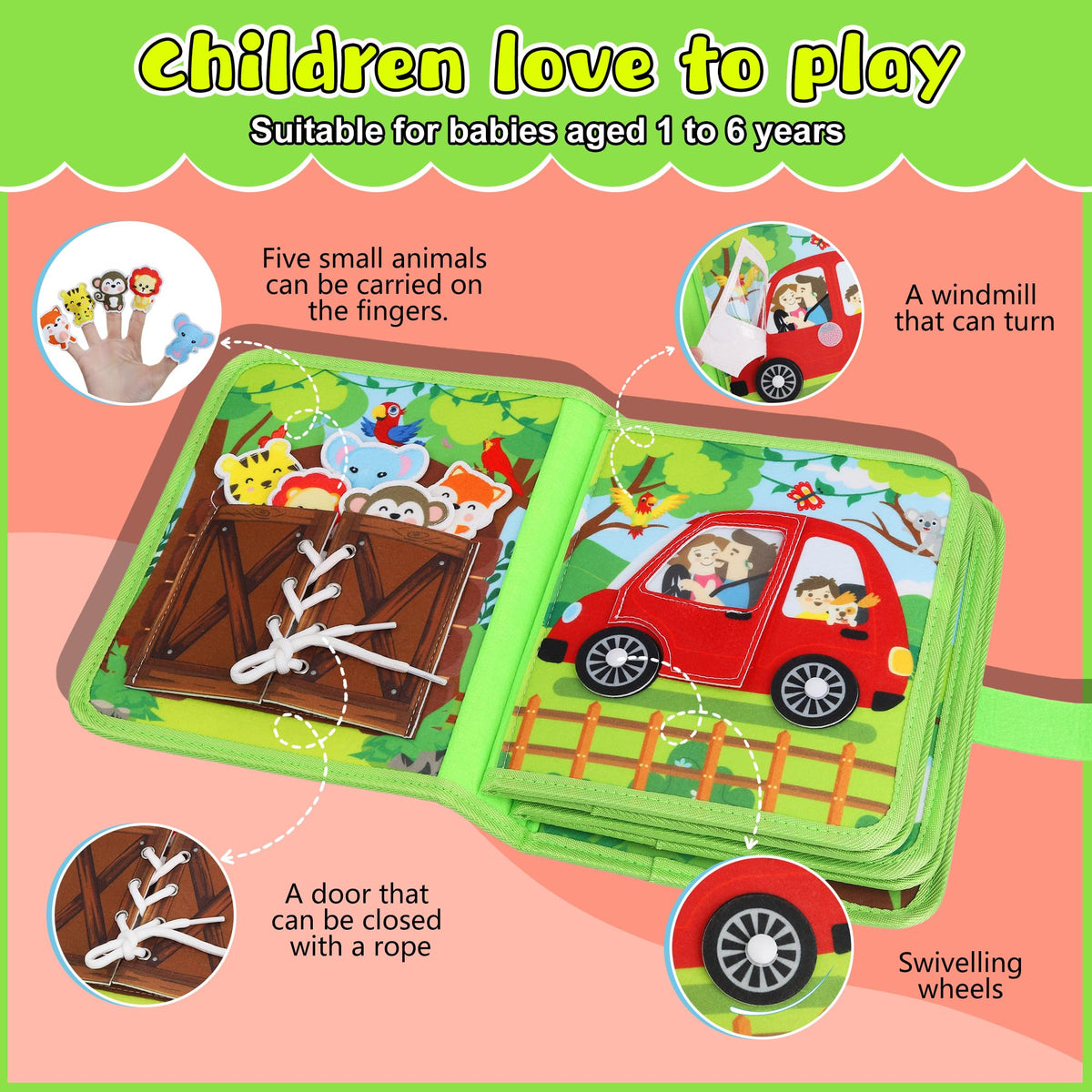 Lurui Farm Busy Board lacing activity strengthens fine motor skills during threading play.