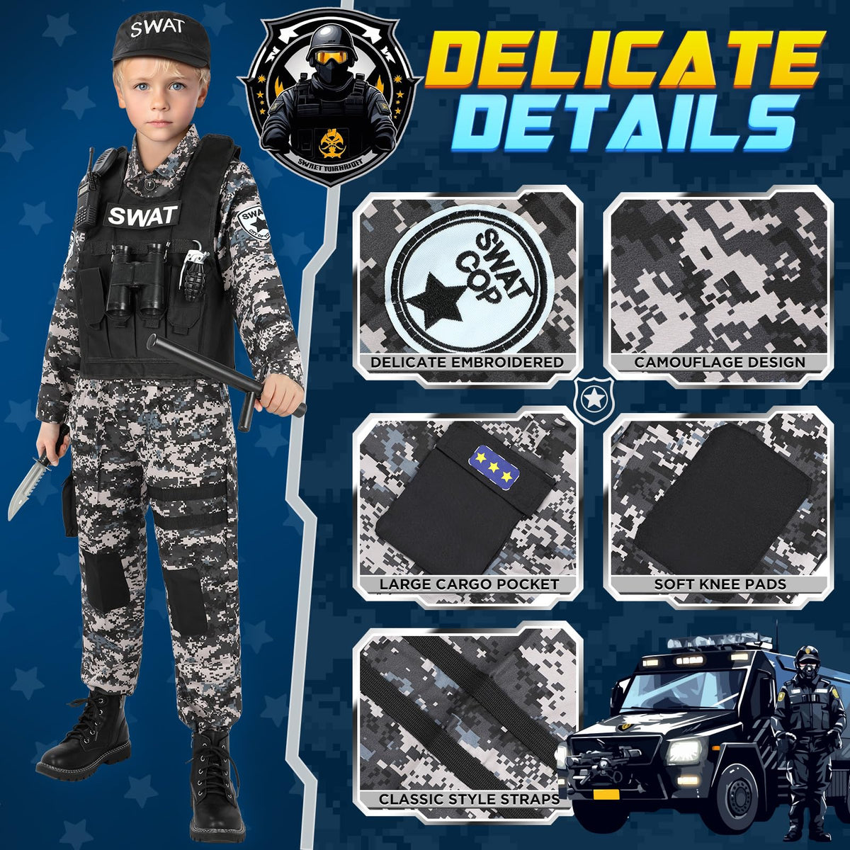 Luucio SWAT hat for kids completes the costume look.