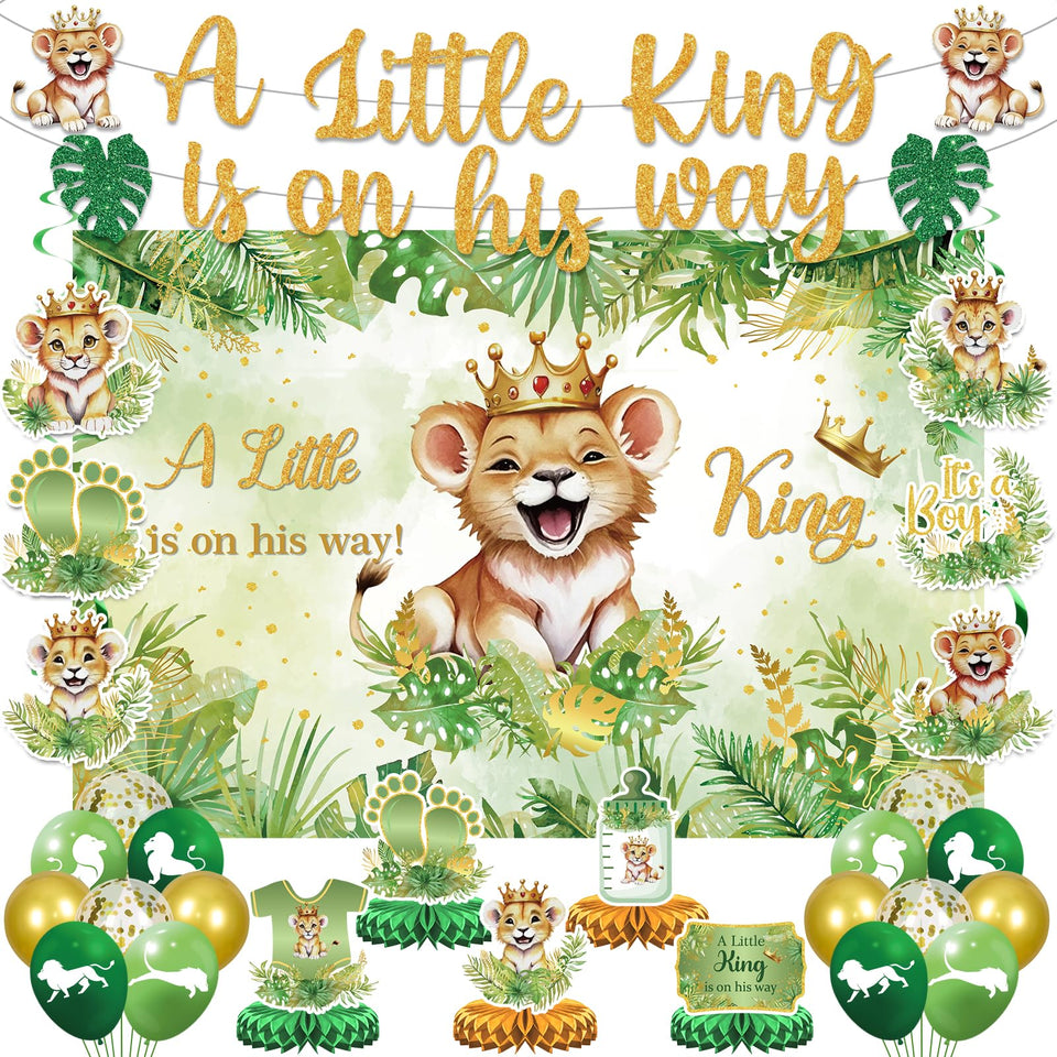 LUUFILx Lion baby shower banner, A Little King is On His Way, ideal photo backdrop