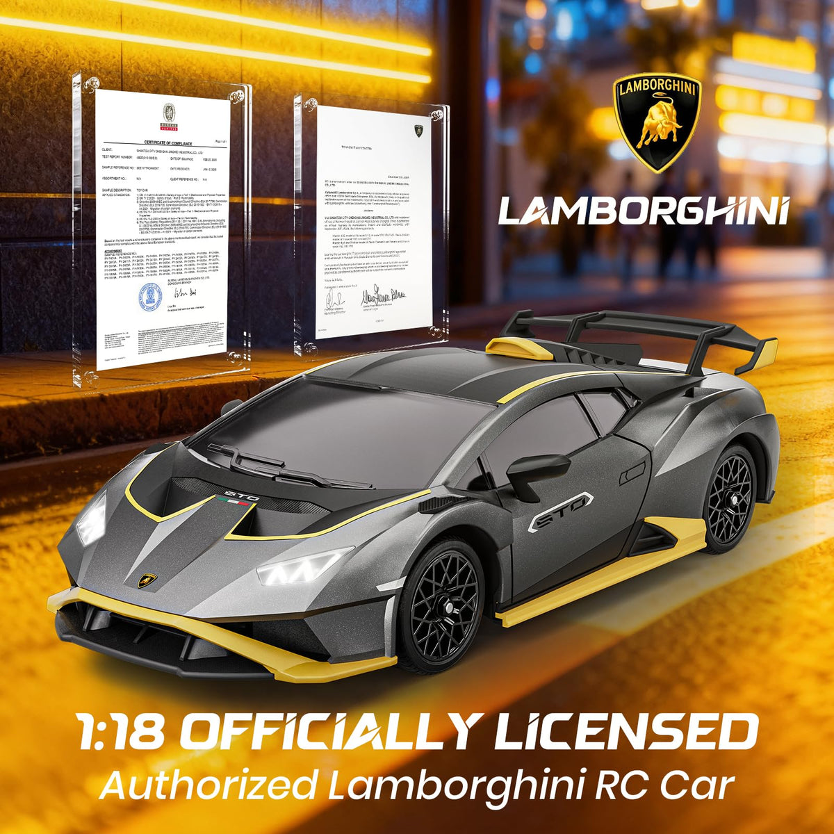 LUXOS RC Lamborghini 1:18 2.4GHz remote enables multi-car play.