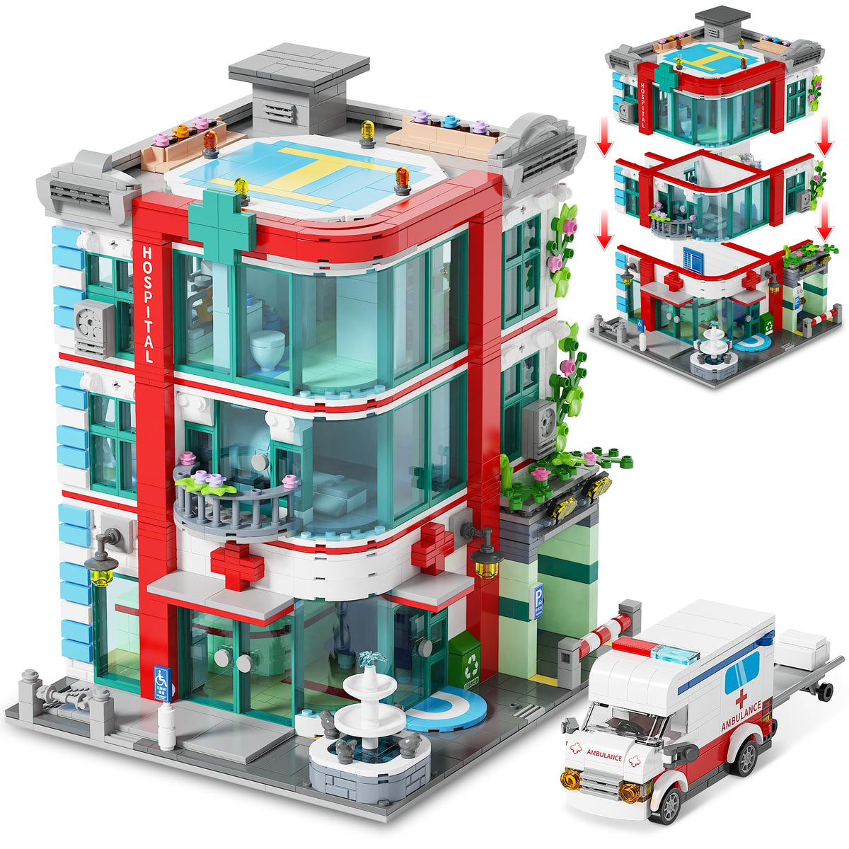 LuxRebuty City Hospital with ambulance building set for immersive roleplay and display