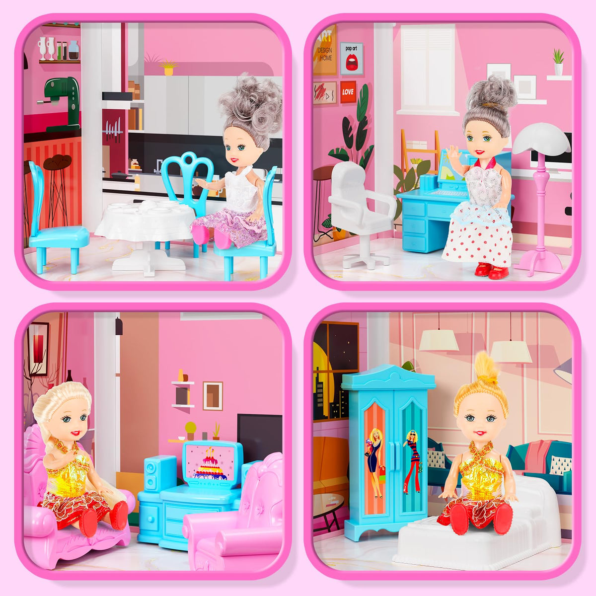 Four included LUYE dolls ready for parties, cooking, and story time