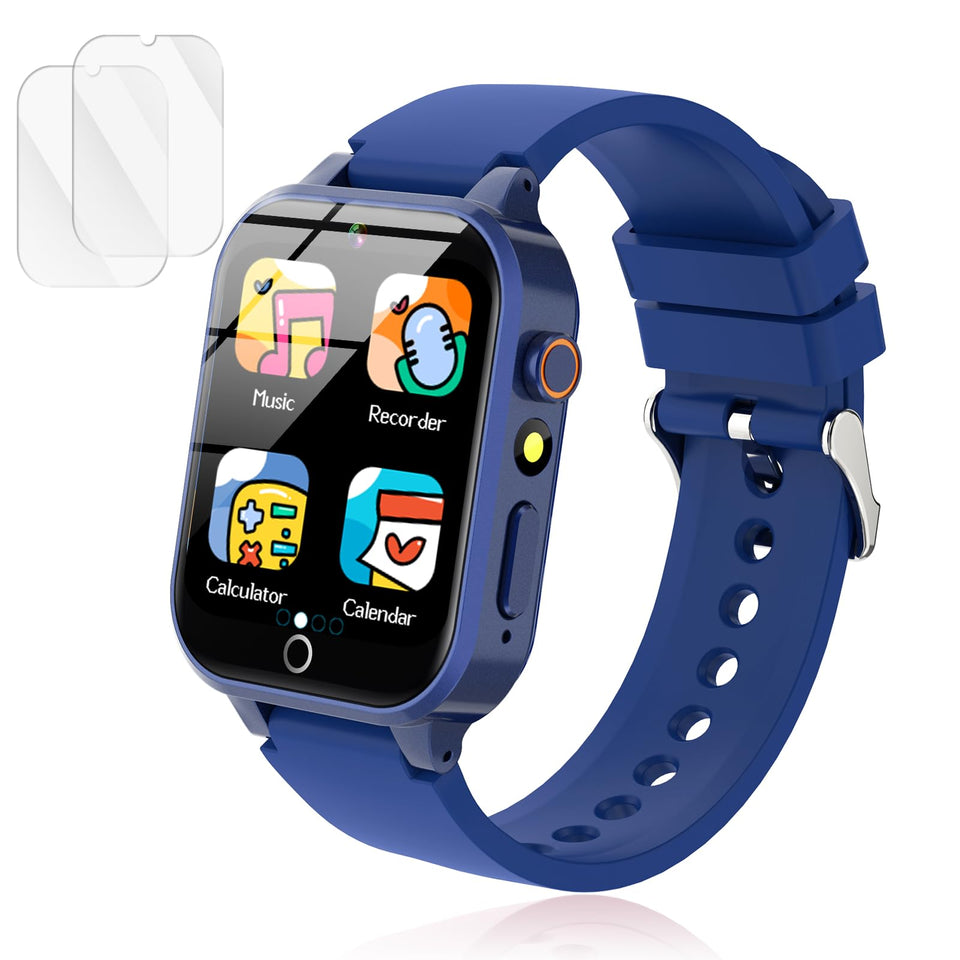 Luyiilo Kids Smart Watch blue front view shows a bright screen for learning games.