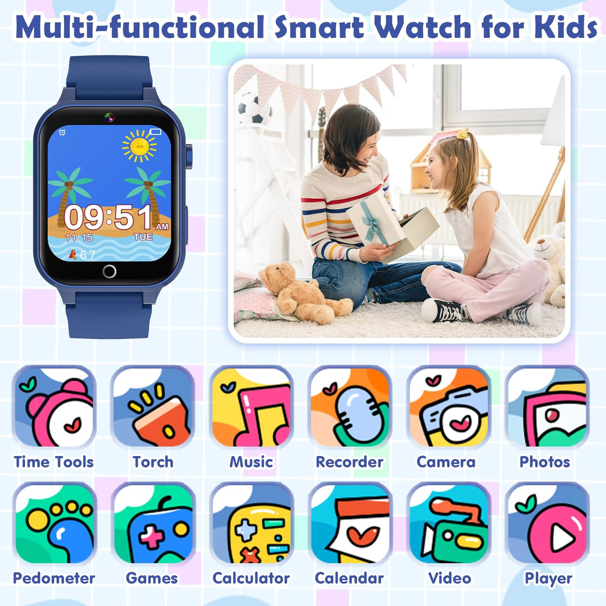 Luyiilo Kids Smart Watch blue side view with adjustable strap for comfortable wear.