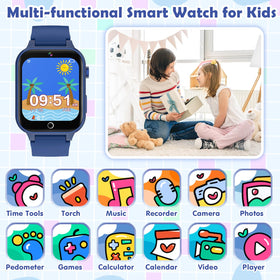 Luyiilo Kids Smart Watch blue side view with adjustable strap for comfortable wear.