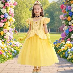 Luzlen Belle yellow princess dress back view, fluffy tulle and sparkle details