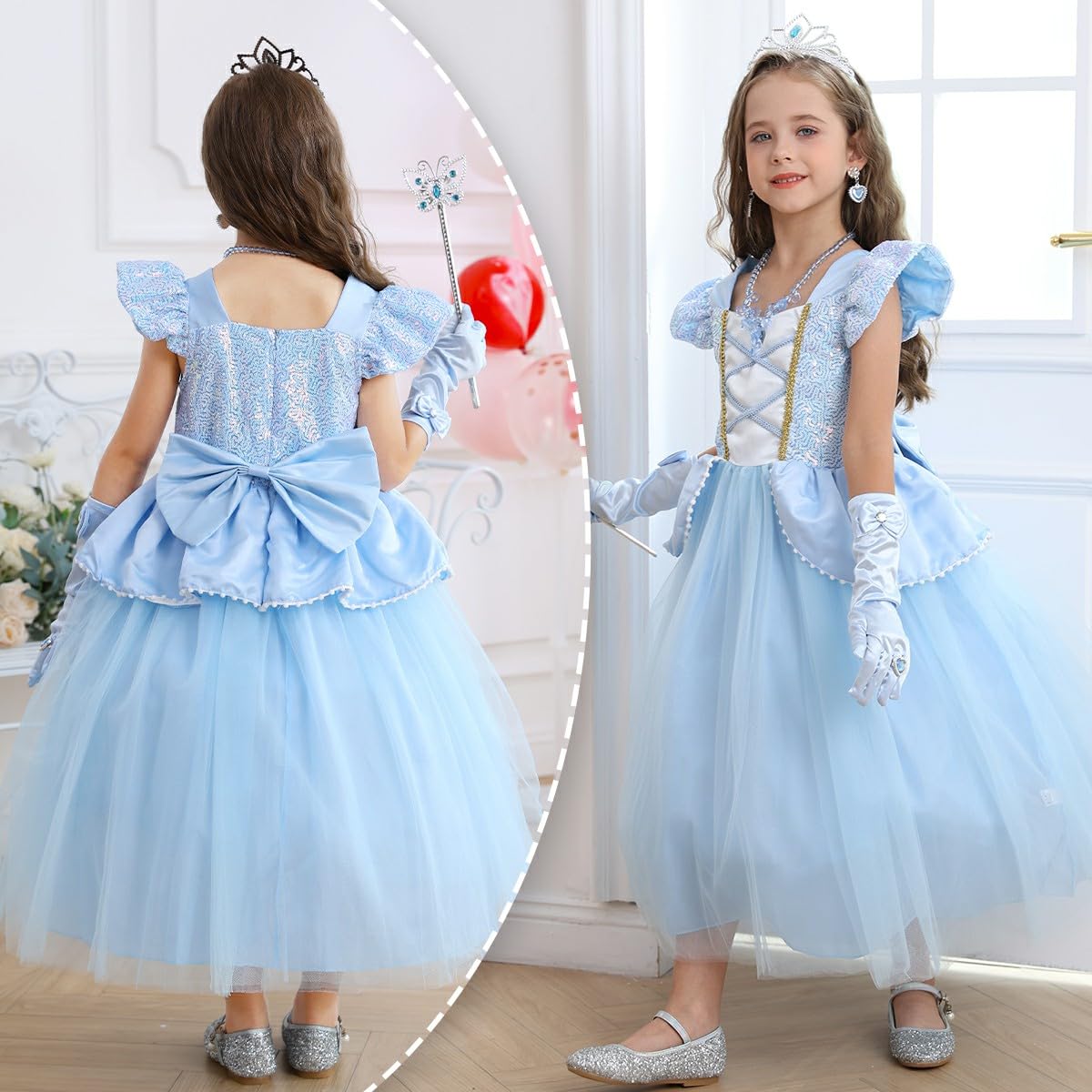 Luzlen Cinderella dress blue sequins details, sparkling chest gems for magical appeal