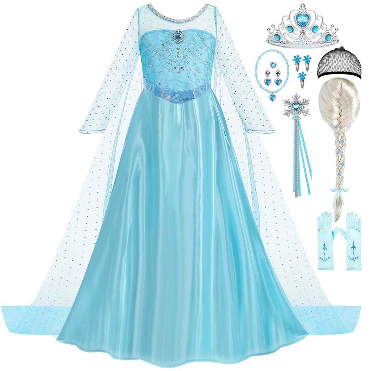 Luzlen Elsa Dress blue long sleeve, ideal for dress-up play and twirling.