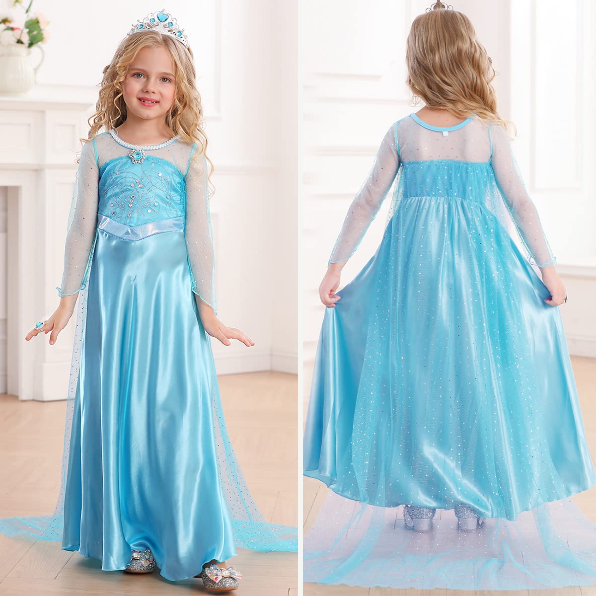 Luzlen Elsa Dress rhinestone crest detail shines on stage.