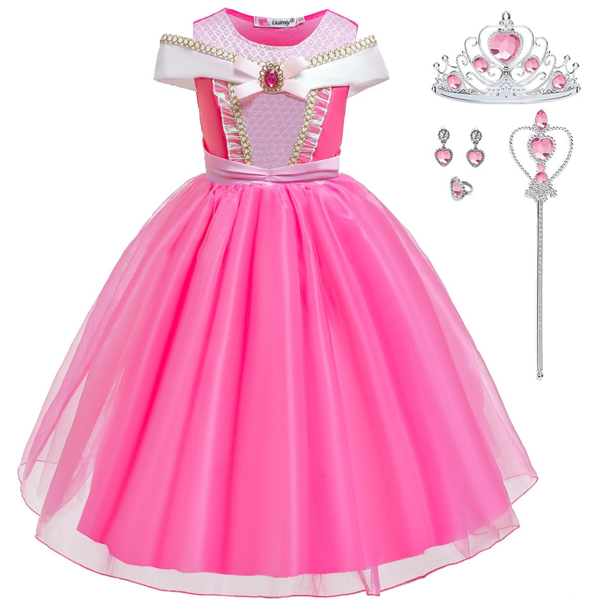Luzlen girls princess dress pink front view with soft cotton lining for comfort.