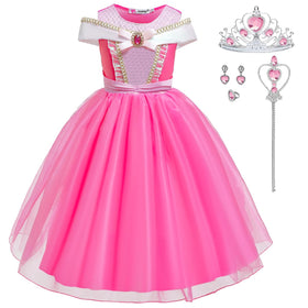 Luzlen girls princess dress pink front view with soft cotton lining for comfort.