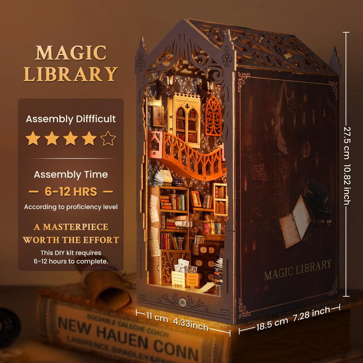 Lycidae Book Nook Kit 3D puzzle structure showcases intricate building.