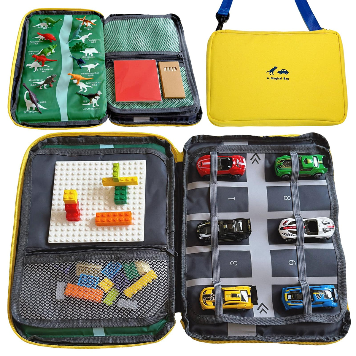 Lycnufrewolf dinosaur interior keeps toys organized for travel play