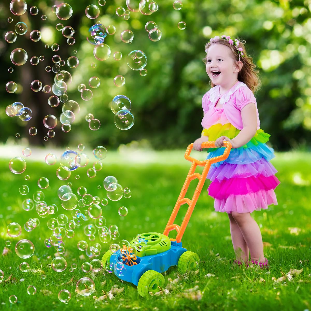Lydaz Bubble Lawn Mower battery compartment enables easy powered play.