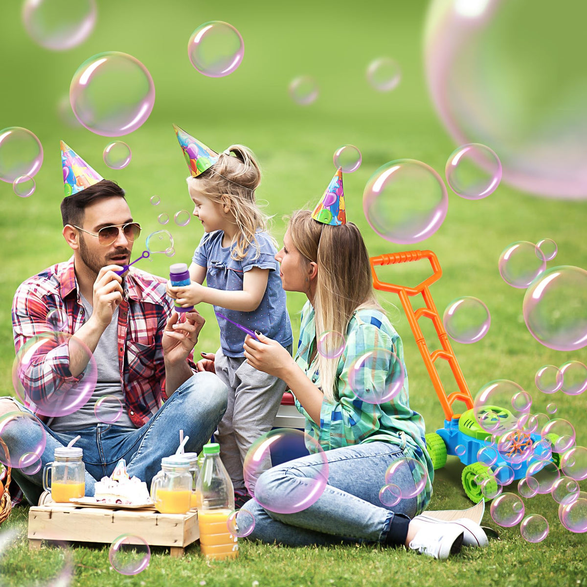 Lydaz Bubble Lawn Mower's bright colors attract toddlers during garden play.
