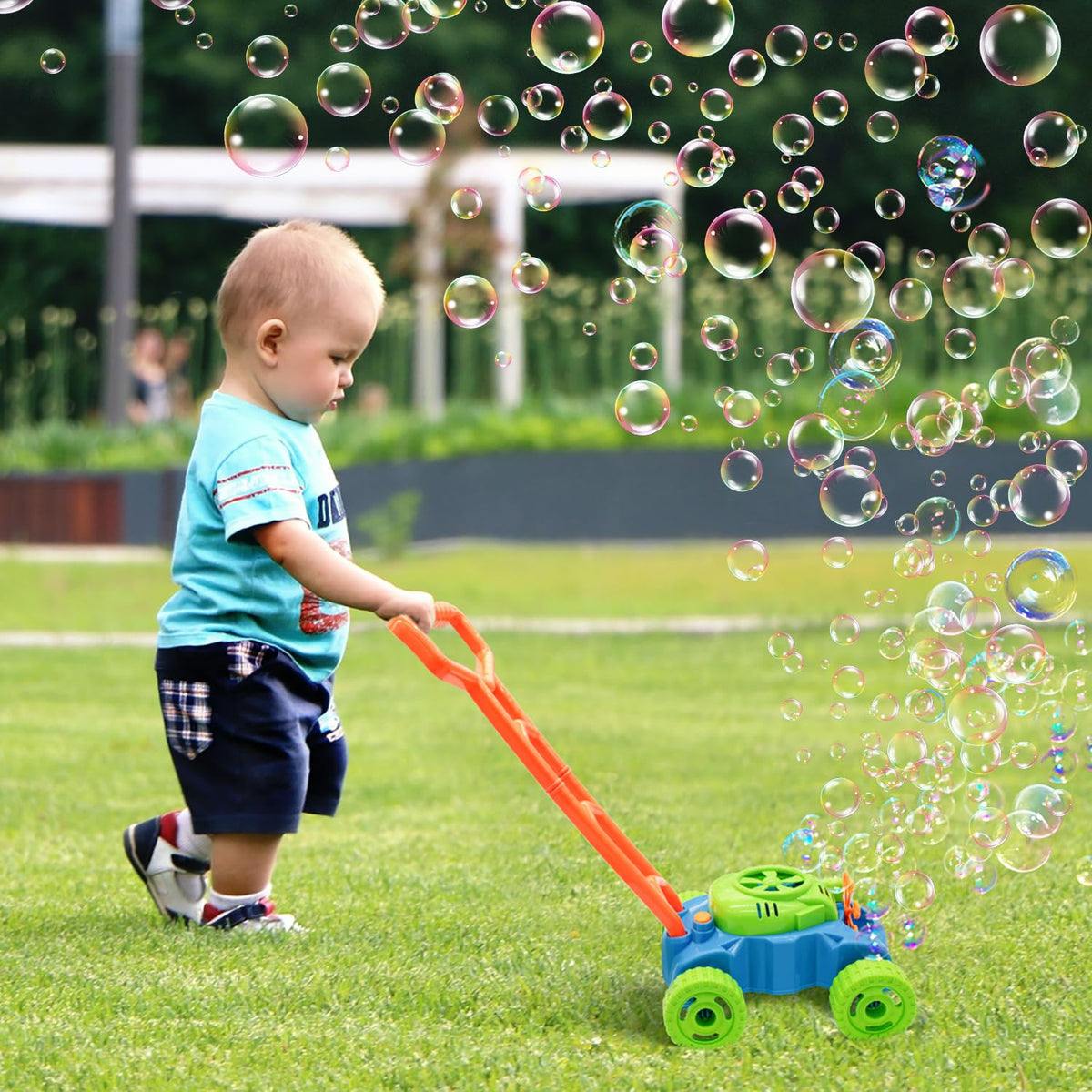 Lydaz Bubble Lawn Mower with bubble solution refills for hours of fun.