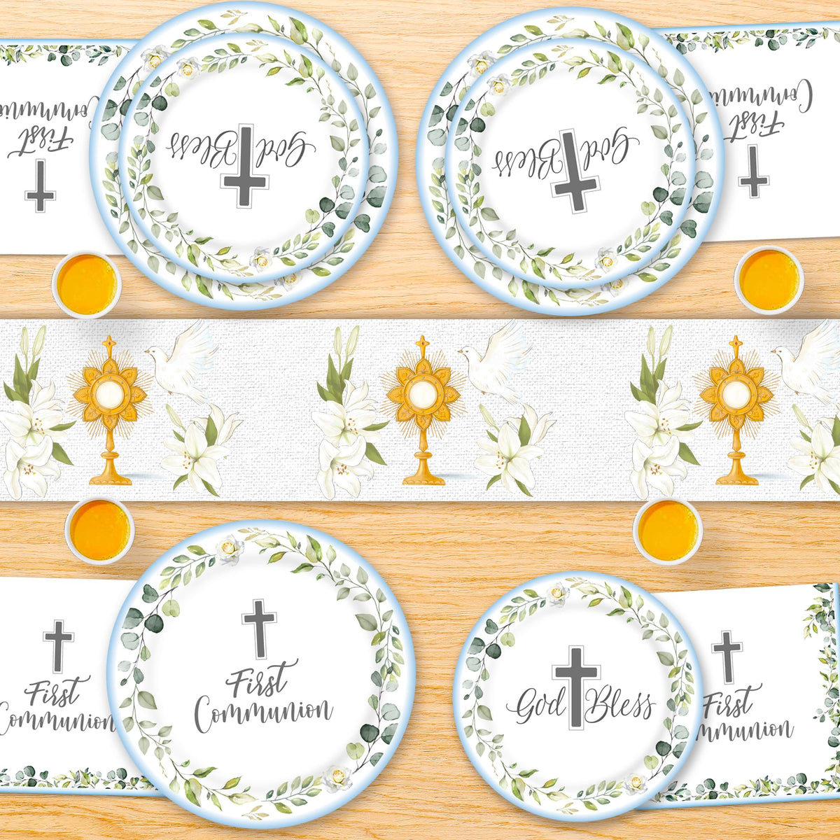 LyhongParty first communion dessert plates with blue edges for an elegant service.