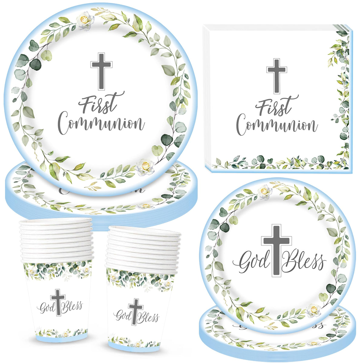 LyhongParty first communion dinner plates with blue pattern for 25 guests.