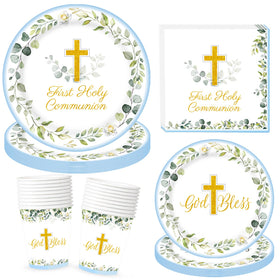 LyhongParty first communion dinner plates in blue with eucalyptus for elegant table decor.