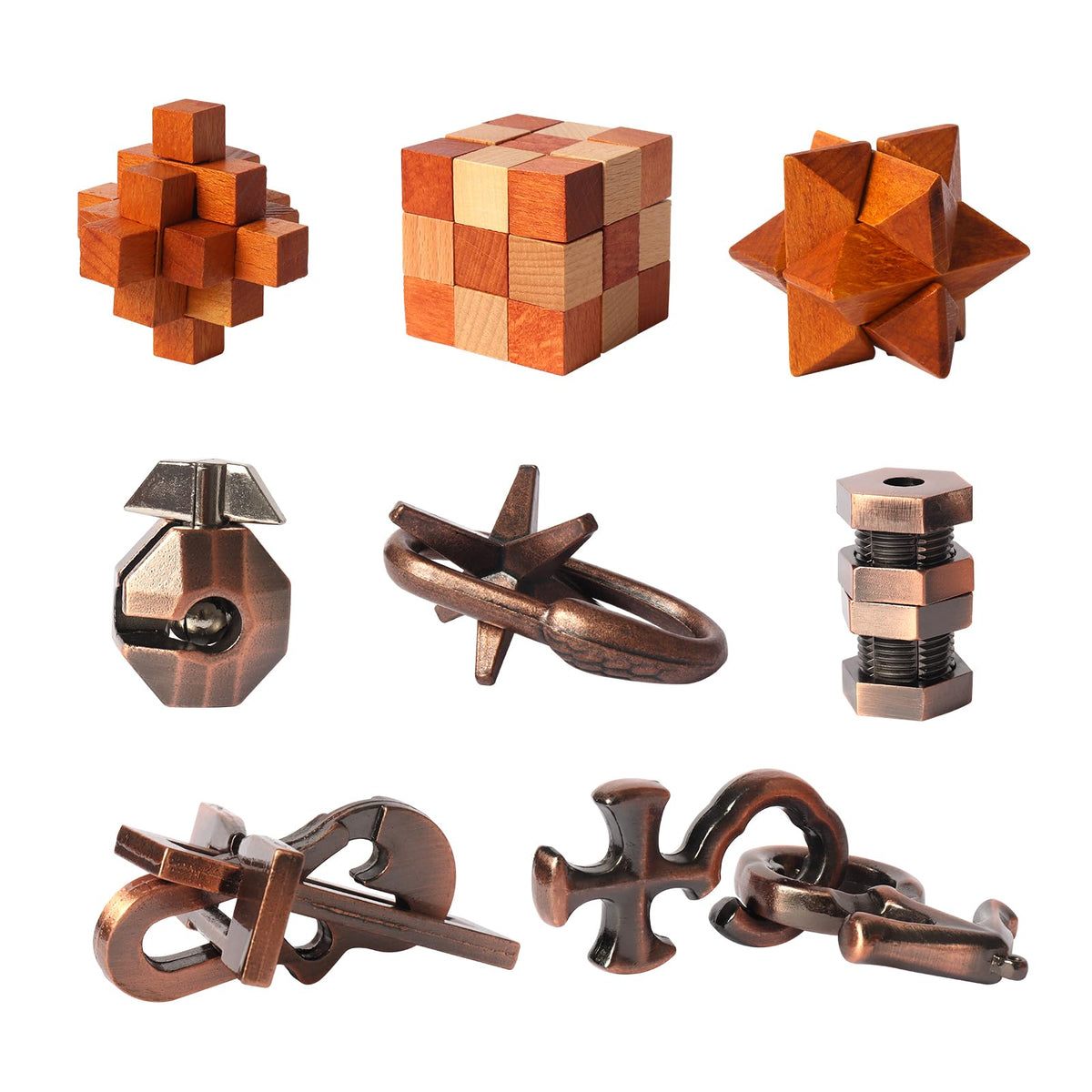LYiUP 8pcs wooden and metal puzzle set shown in assembly, inviting hands-on exploration