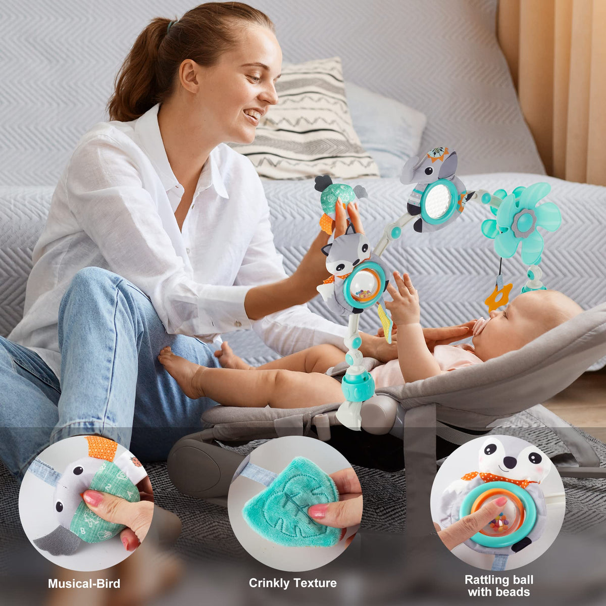 Lynncare arch bassinet flower spinner to capture baby’s attention.
