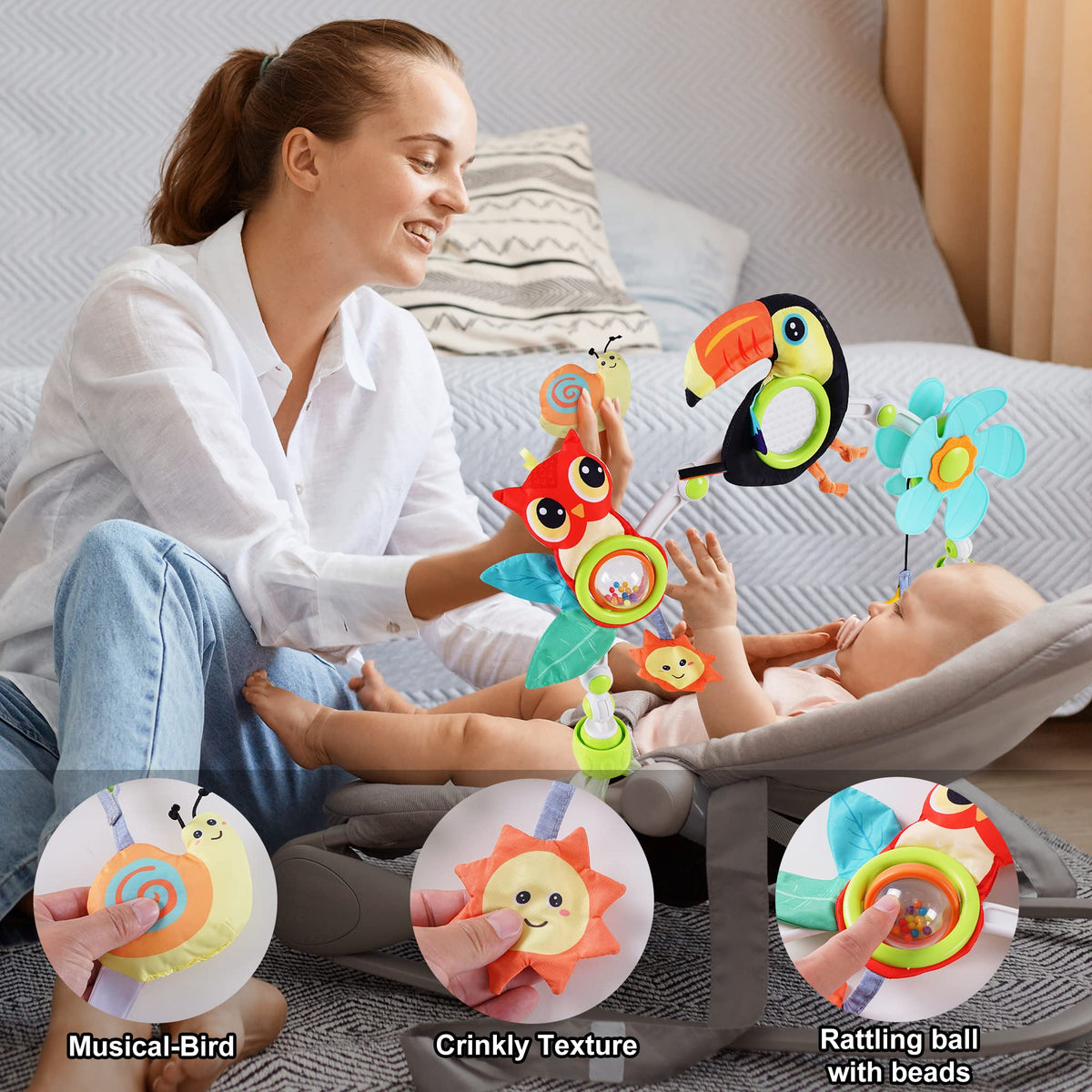 Lynncare flower spinner on arch toy encouraging reaching and fine motor play